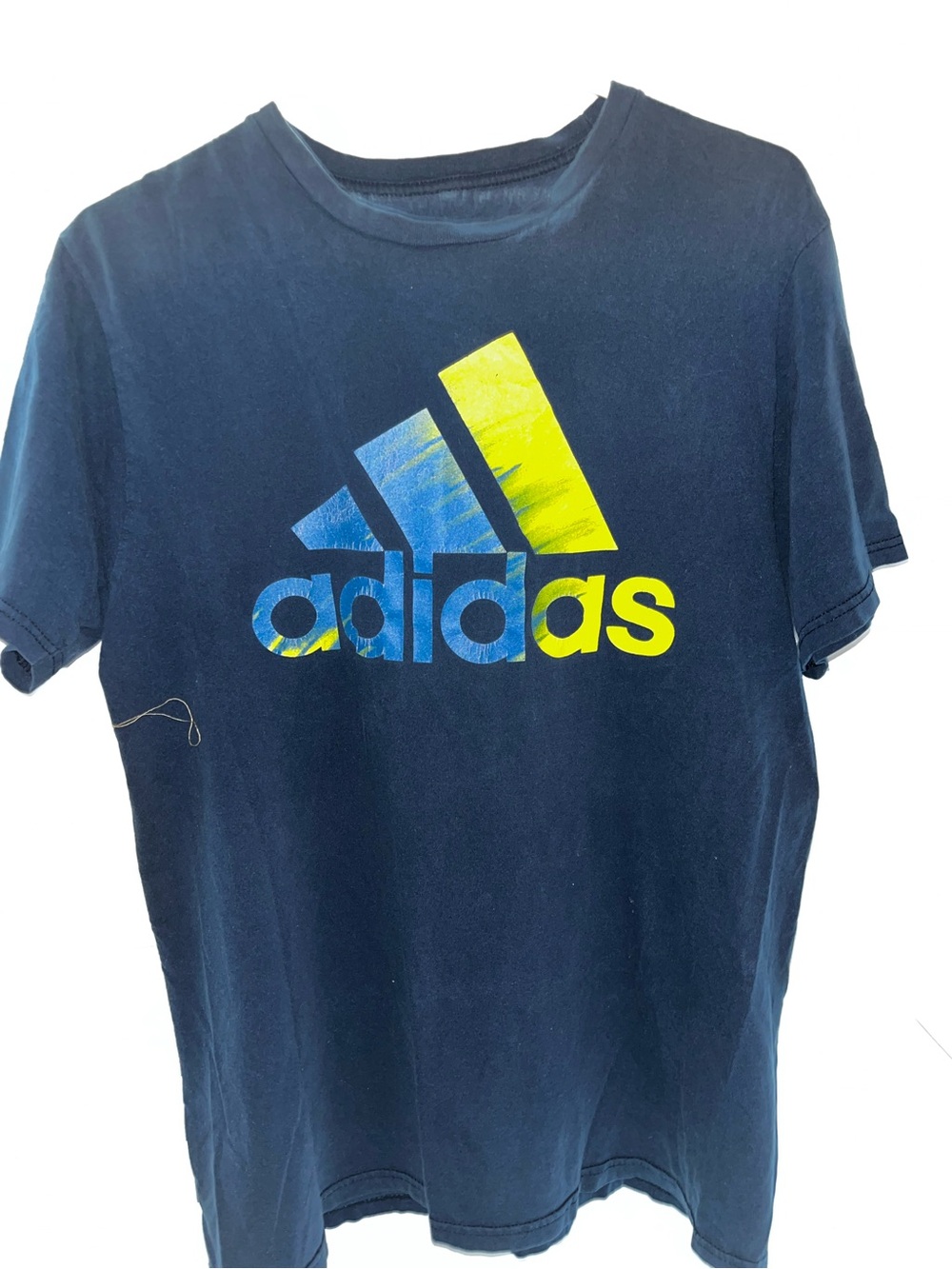 adidas Navy Blue Tee with Blue and Yellow Logo no smoking no pet